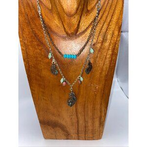 Lucky Brand Bohemian Leaf Charm Layered Necklace With Turquoise Beads & Gemstone